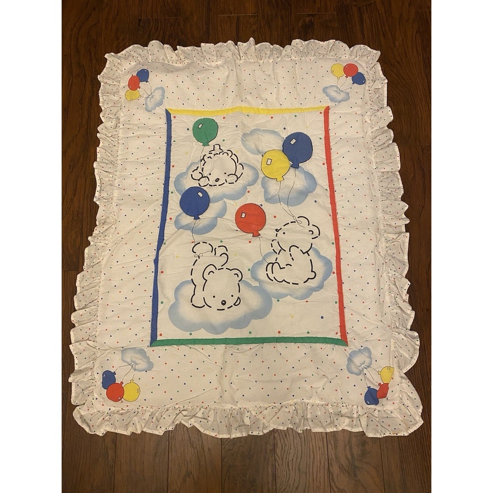 Vintage Carter's Baby Crib Blanket Balloon Bear Ruffle Comforter Polka Dot USA
